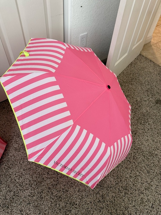 Victoria's Secret Accessories - Victoria's Secret Pink & White Striped Foldable Umbrella with Neon Trim